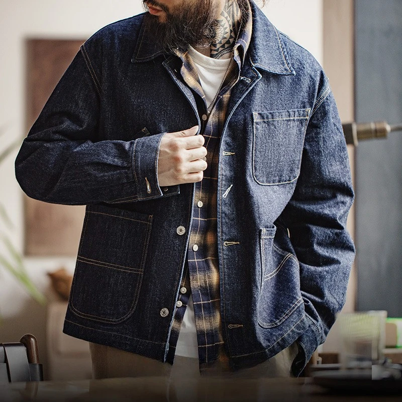 Vintage Asymmetrical Four-pocket Design Denim Jacket Lapel Single-breasted Tooling Jacket Suitable for Men To Wear in Autumn
