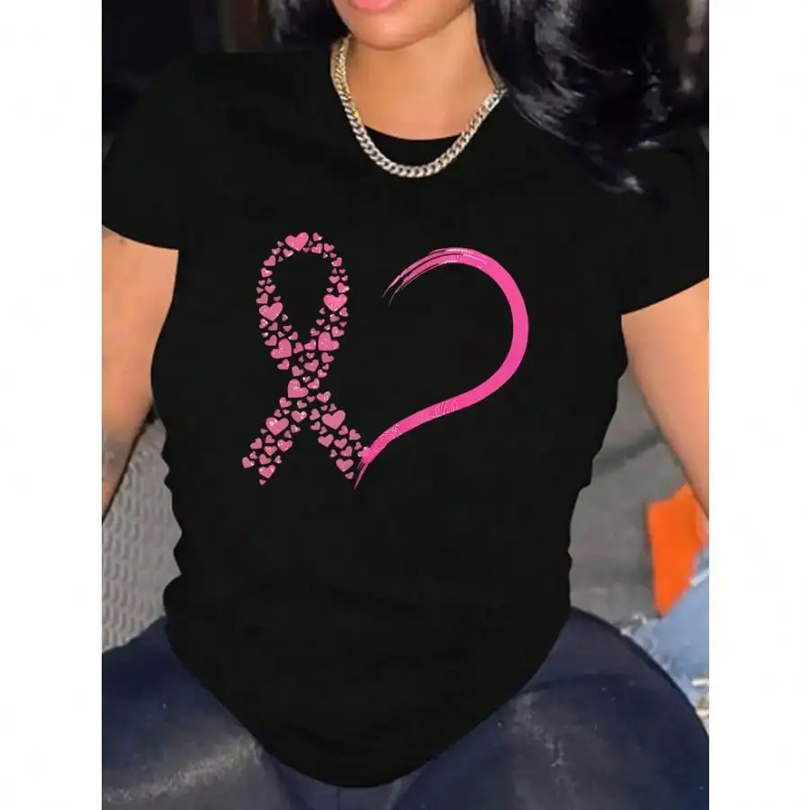 

Women's Casual Breast Cancer Awareness T-Shirt - Pink Heart Geometric Print, Soft Stretch Round Neck Short Sleeve Top