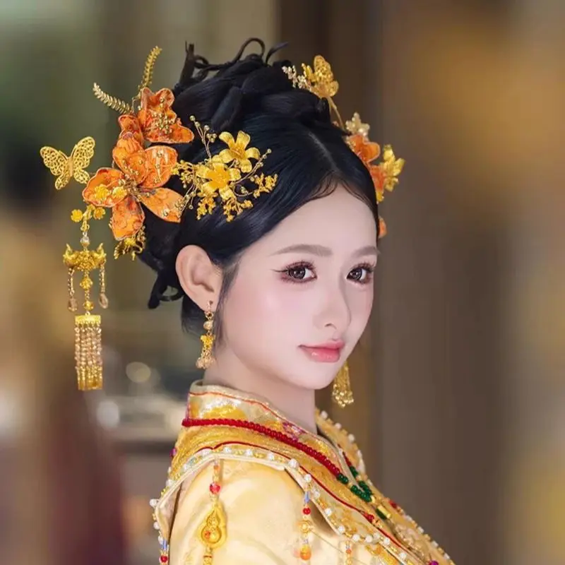 Bridal Headpiece with Ancient Style Gold Tassel, Prosperous Feeling, Hand-embroidered Craft, Flower, Dragon and Phoenix Gua, Wed