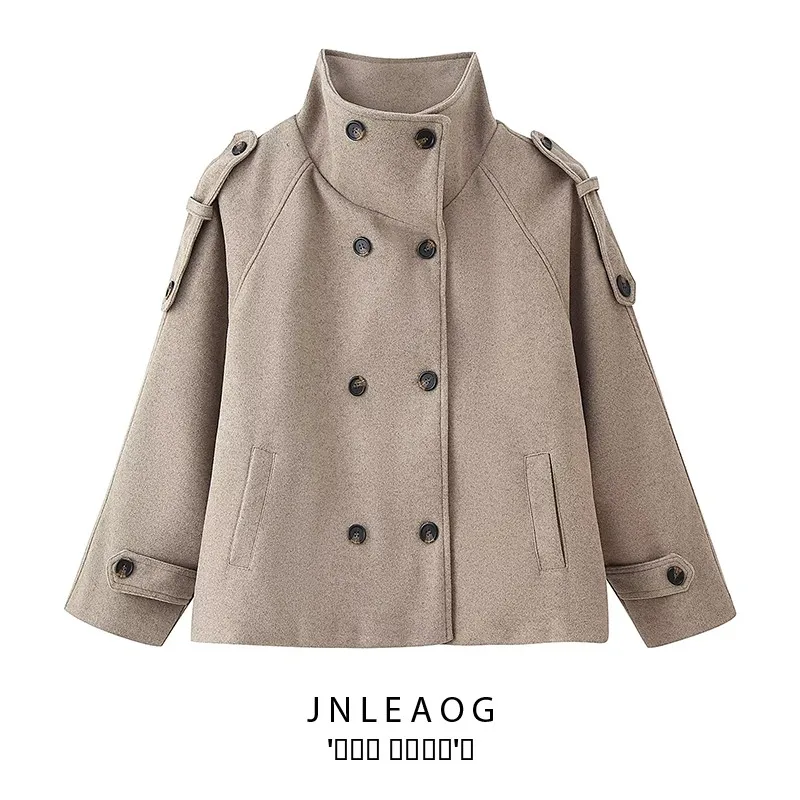

JNLEAOG Autumn New Women's Faion ort Woolen Jaet Stand Collar Double Button Versatile Design Street Sle Long Sve