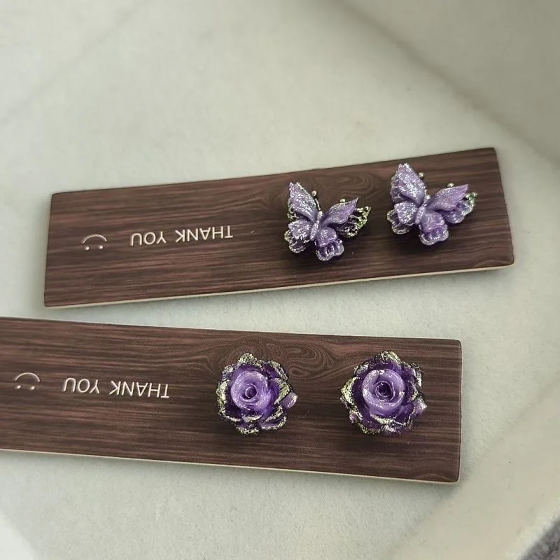 Magnetic Clip On Earrings No Piercing Butterfly Rose Flower Vintage Retro Purple Metal for Women Hypoallergenic Jewelry Gift