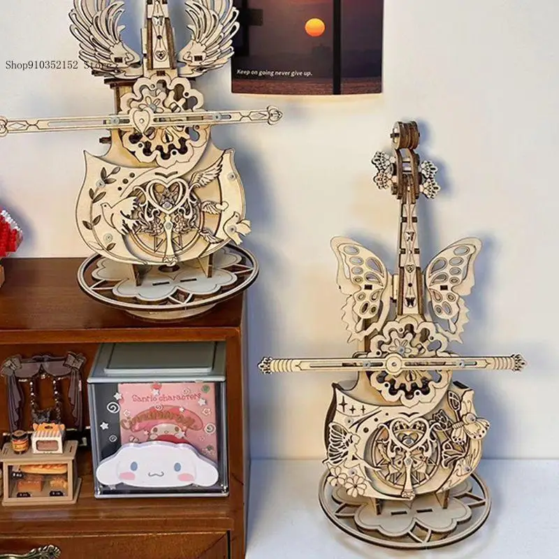 Butterfly Cello Music Box Wooden Assembly Diy Toy for Boys and Girls Music Box Valentine's Day Gift Puzzle