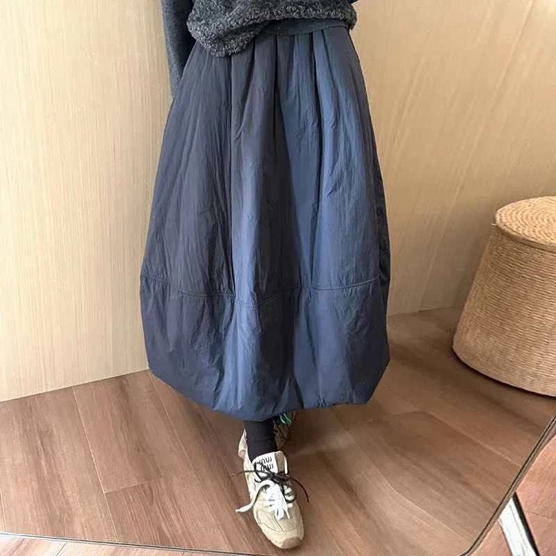 Gepolsterter, gesteppter Rock mit Blasensaum, jugendliches, warmes, vielseitiges Midi-Rock für Damen und Teenager, gemütliches Winter-Casual-Büro-Urlaubsoutfit