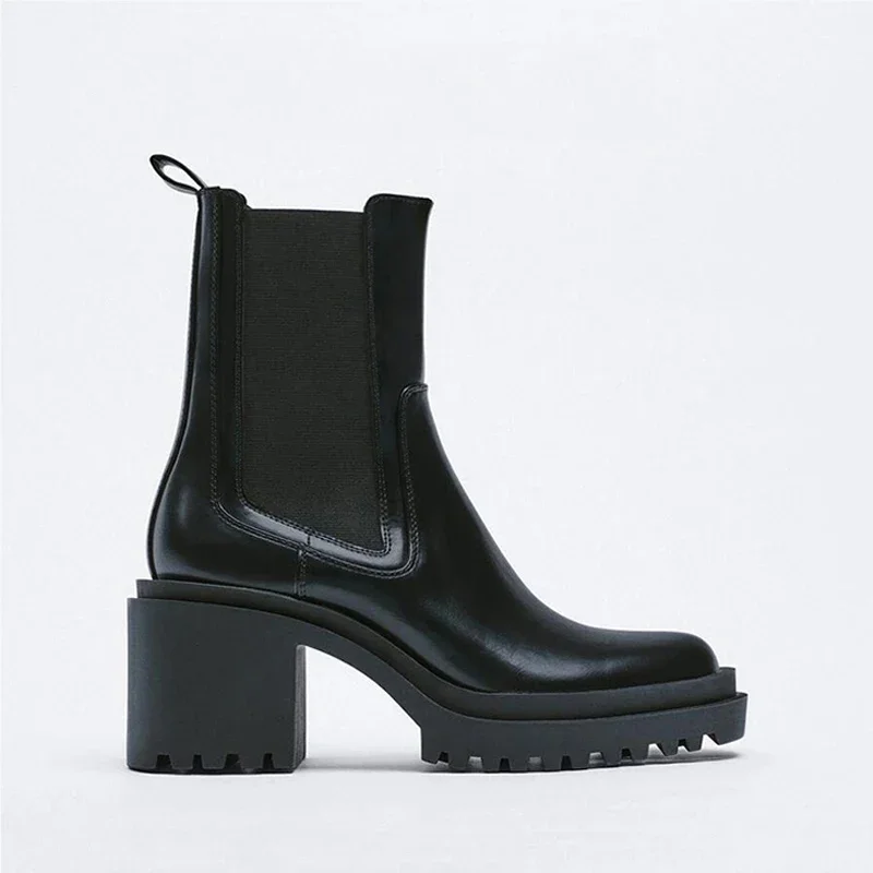

Женские черные кожаные ботинки челси, удобная осенне-зимняя модная обувь на массивном блочном каблуке с выступами и эластичными боковыми панелями