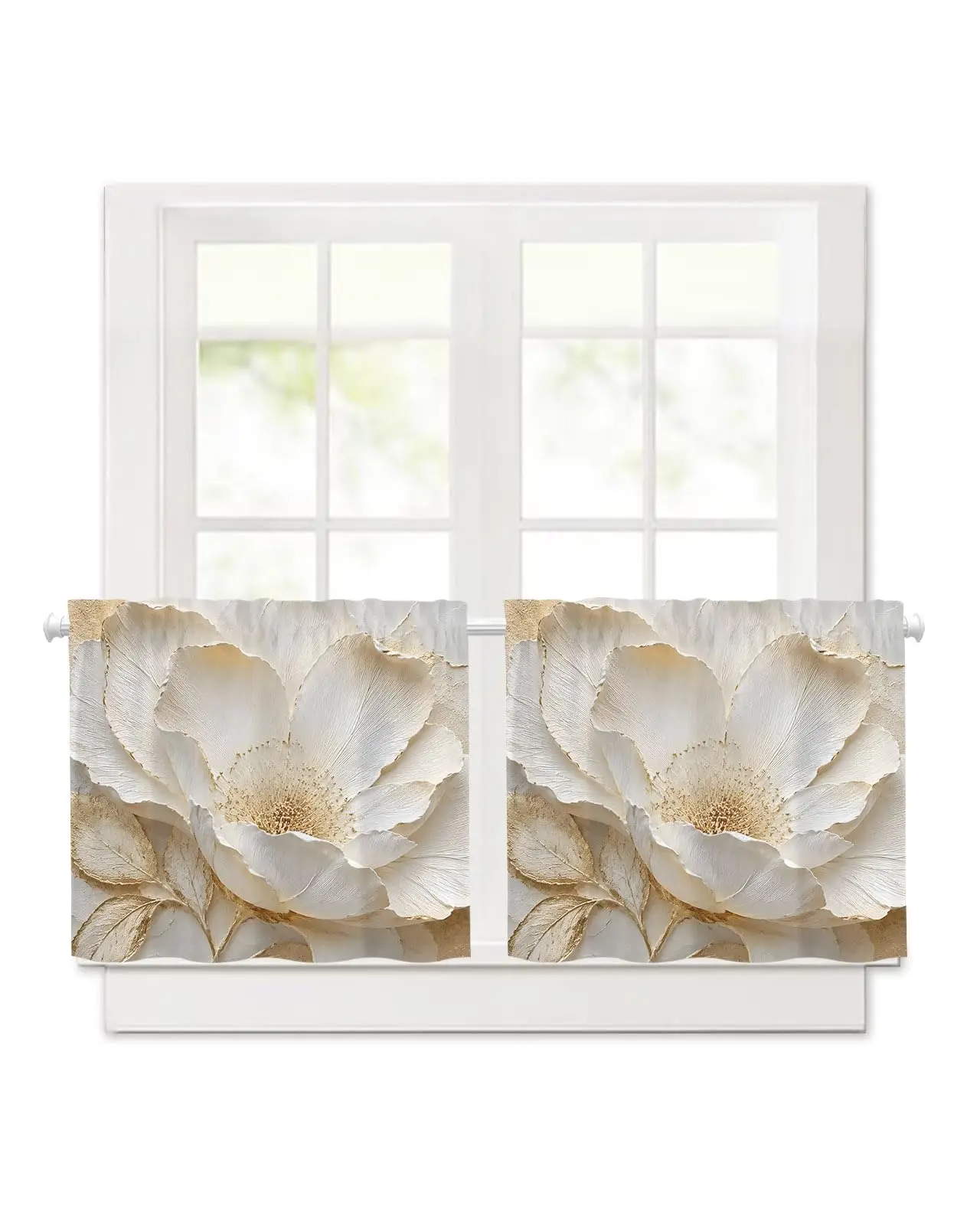 White Peonies Kitchen Curtains - 45 Inch Length Kitchen Window Curtains Over Sink - Short Blackout Curtain for Windows