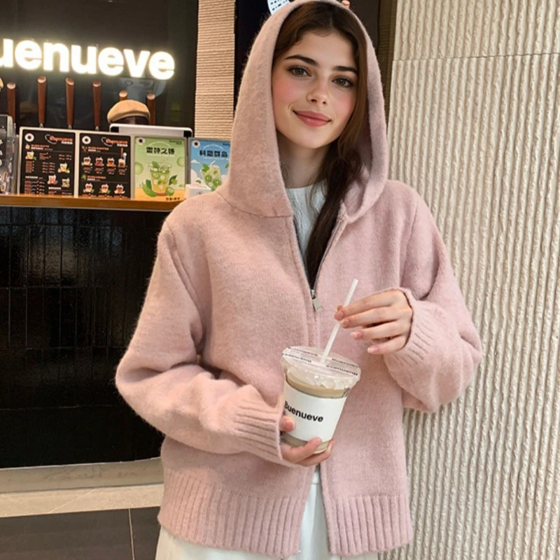 

Осень-зима 202, однотонное прямое пальто, новая мода, вязаный топ с капюшоном и двойной молнией, кардиган, женский свитер с длинными рукавами