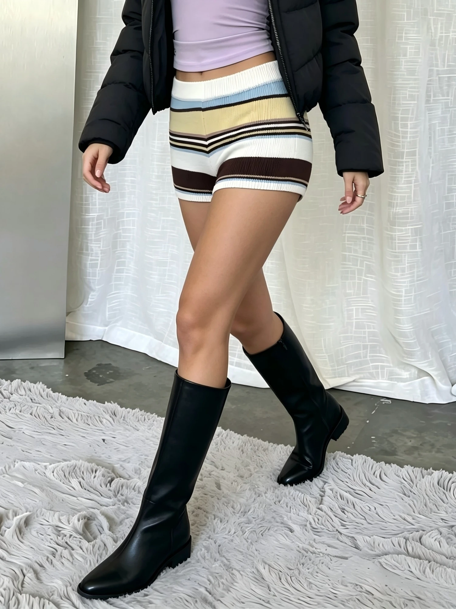 Women Summer Knit Micro Shorts Colorful Striped Elastic Waist Mini Shorts