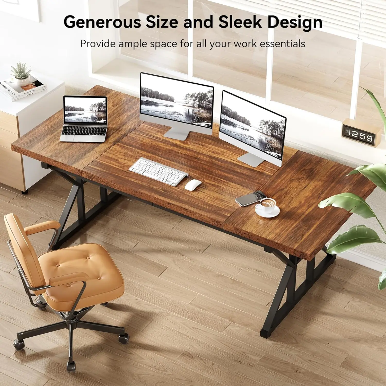 70.8-Inch Wooden Executive Office Desk, Modern Farmhouse Writing Table Computer Desk for Home in Brown-Black