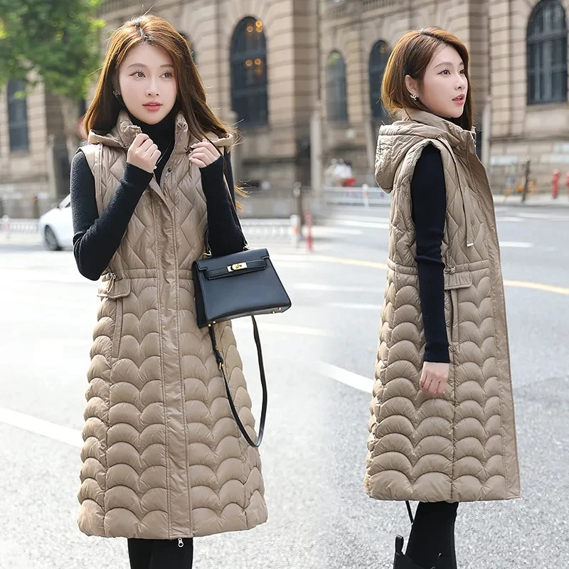 Detachable Hat Down Cotton Vest 2023 NEW Long Puffer Sleeveless Jacket High End Korean Slim Women Waistcoat Thicken Warm Vests