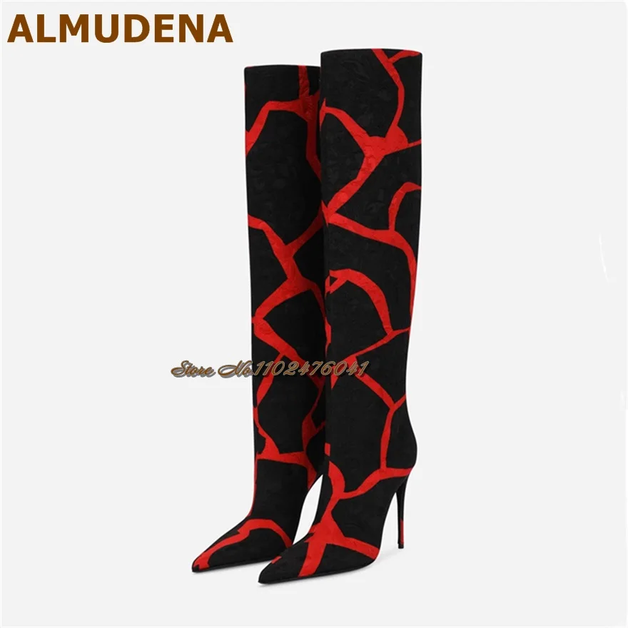 

ALMUDENA Red Black Matched Color Knee Boots Thin High Heel Pointed Toe Long Boots Leopard Zebra Fall Winter Outdoor Dress Shoes