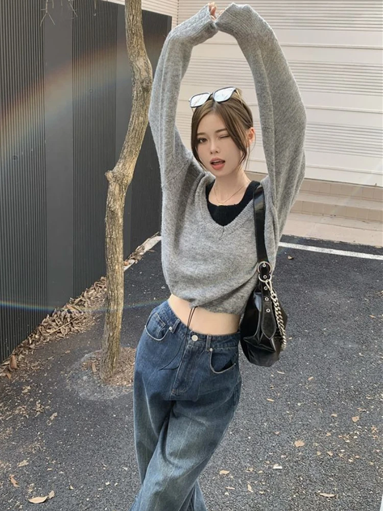 Pullovers Women French Style Stylish Students Tender Design Autumn Loose Fake Two Pieces All-match Daily Knitting Fashion Basic