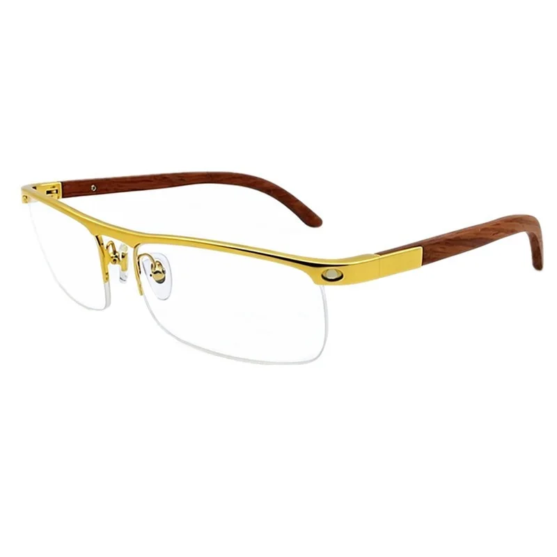 Men Halfrim Rectangular Prescription Eyeglasses Alloy Front with Natural Wood Temples Optical Spectacles Frame For Custom Myopia