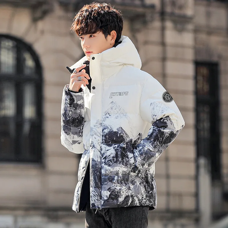 

Men's Winter Duck Down Jacket Warm Hooded Coat Youth Couple Trendy Snow Mountain Print Puffer Jacket jaqueta masculina JK-223