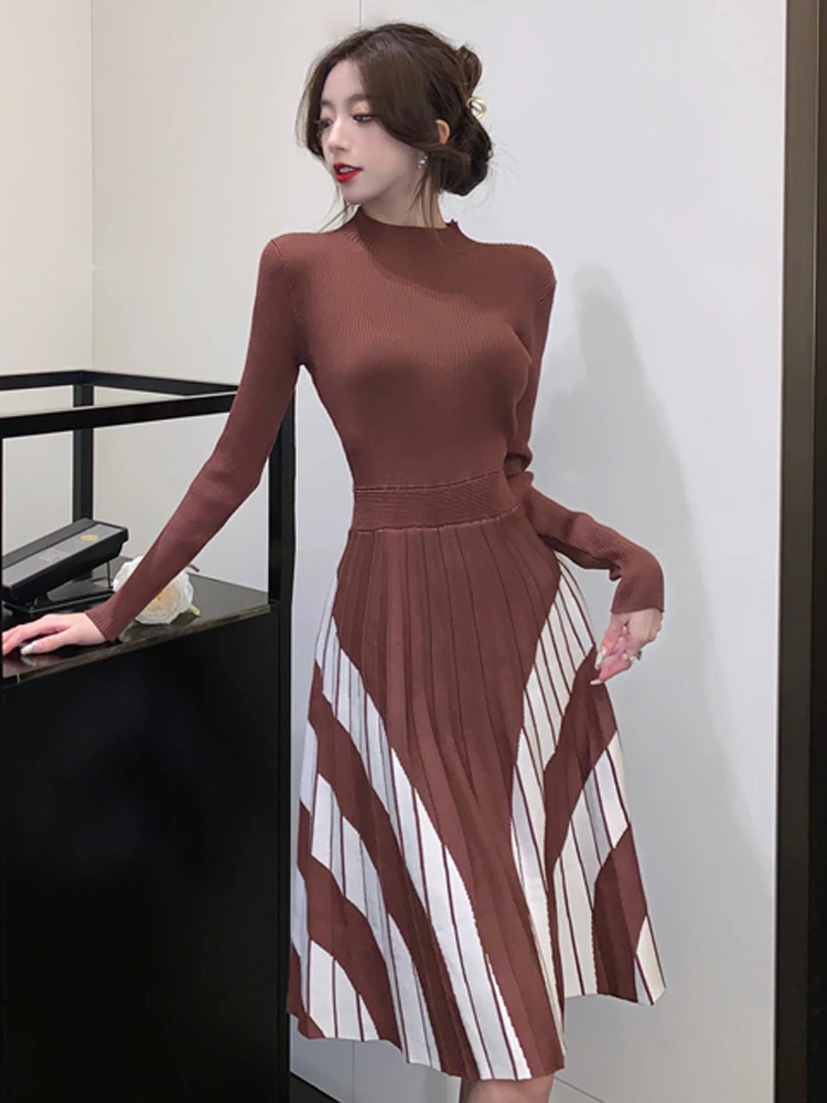 

Vintage Elegant Half high collar Female Thicken Knit Long Dress Slim Full Sleeve Ruffles Women Sweater Dresses Vestidos Autumn 2