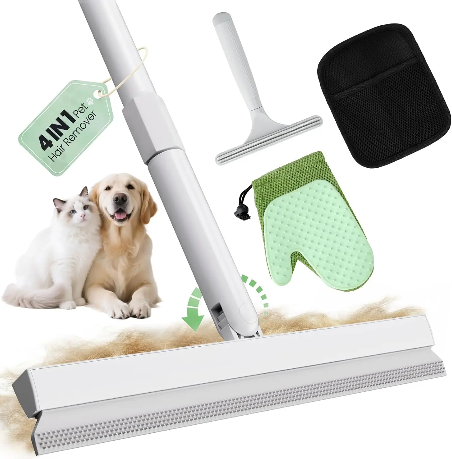 

4-in-1 Pet Hair Remover Kit: Adjustable Broom, Glove, Brush & Scraper for Furniture, Rugs