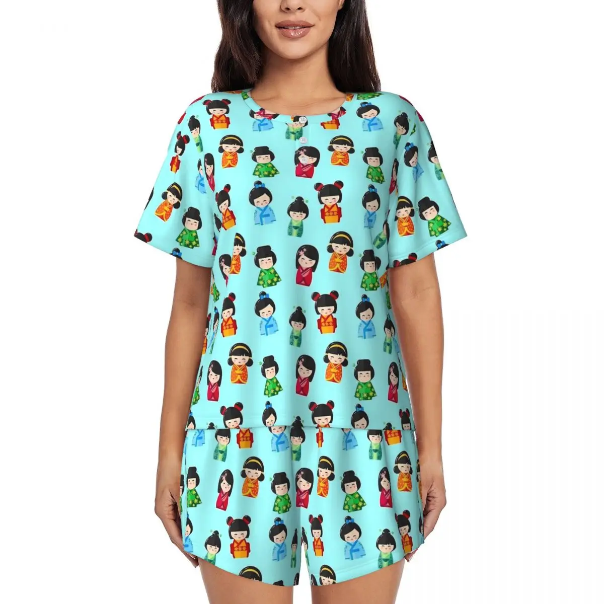 Kokeshi Japanische Puppen Pyjamas Frauen Vintage Nachtwäsche Sommer Kurzarm Zwei Stück Schlaf O Neck Custom Pyjama Sets