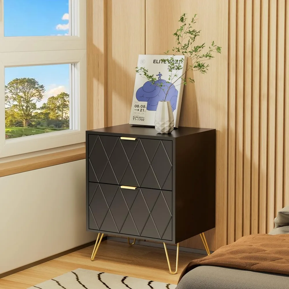

Black Nightstand, End Side Table, Mid Century Modern Bedside Table with 2 Drawers Night Stand Metal Legs for Bedroom Living Room