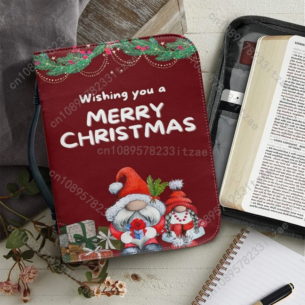 2024 Christmas Holy Bible Bag Santa Claus Pattern Women's Bible Cover Case Bible Storage Bags Ladies Zipper Handle Handbag Gifts