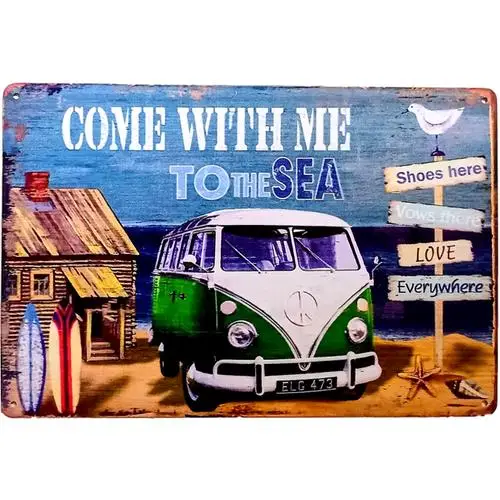 Reimpresión de cartel metálico vintage de Microbus, decoración de pared con la frase Come With Me To The Sea