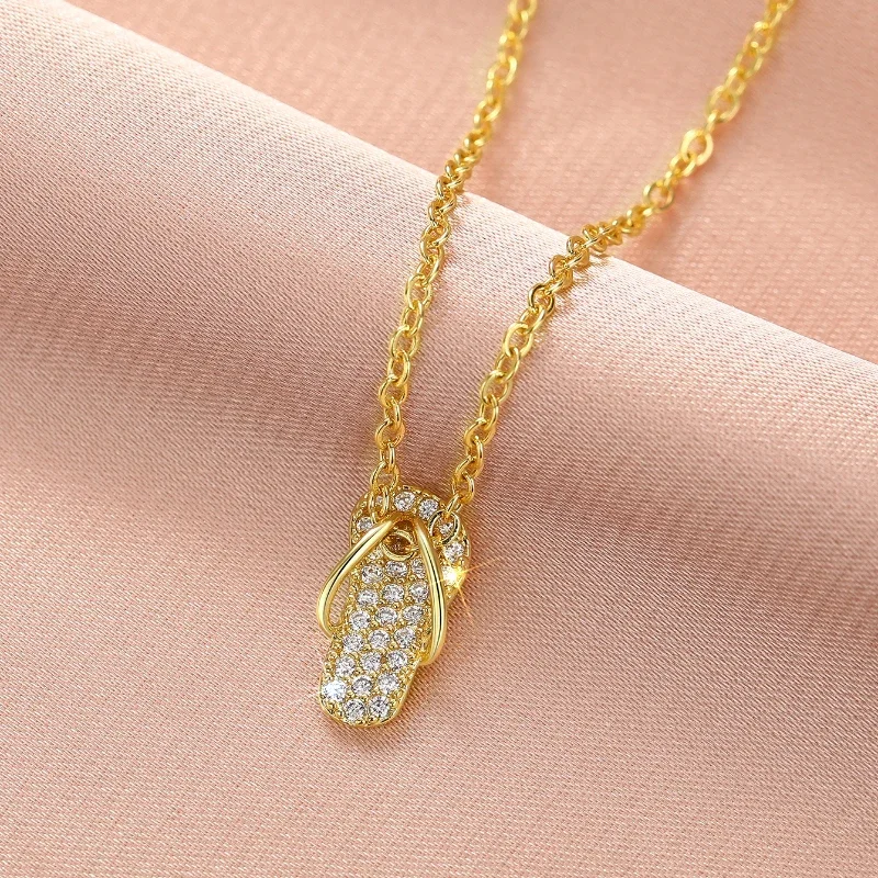 Huitan Chic Flip Flops Shaped Pendant Necklace for Women Bling Crystal CZ Funny Summer Neck Accessories Statement Jewelry