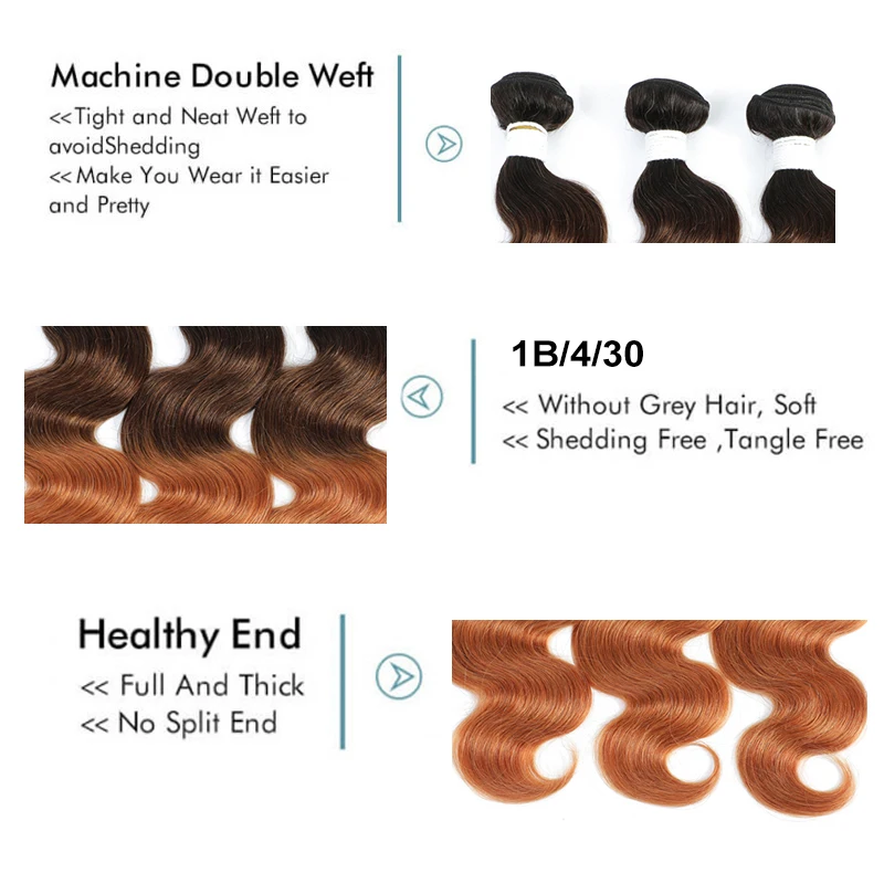 نسج الجسم/حزم من شعر طبيعي مفرود 3 لهجة 1B/4/30 أومبير براون اللون نسج حزمة شعر ريمي برازيلي 3/4 عروض الحزمة #3