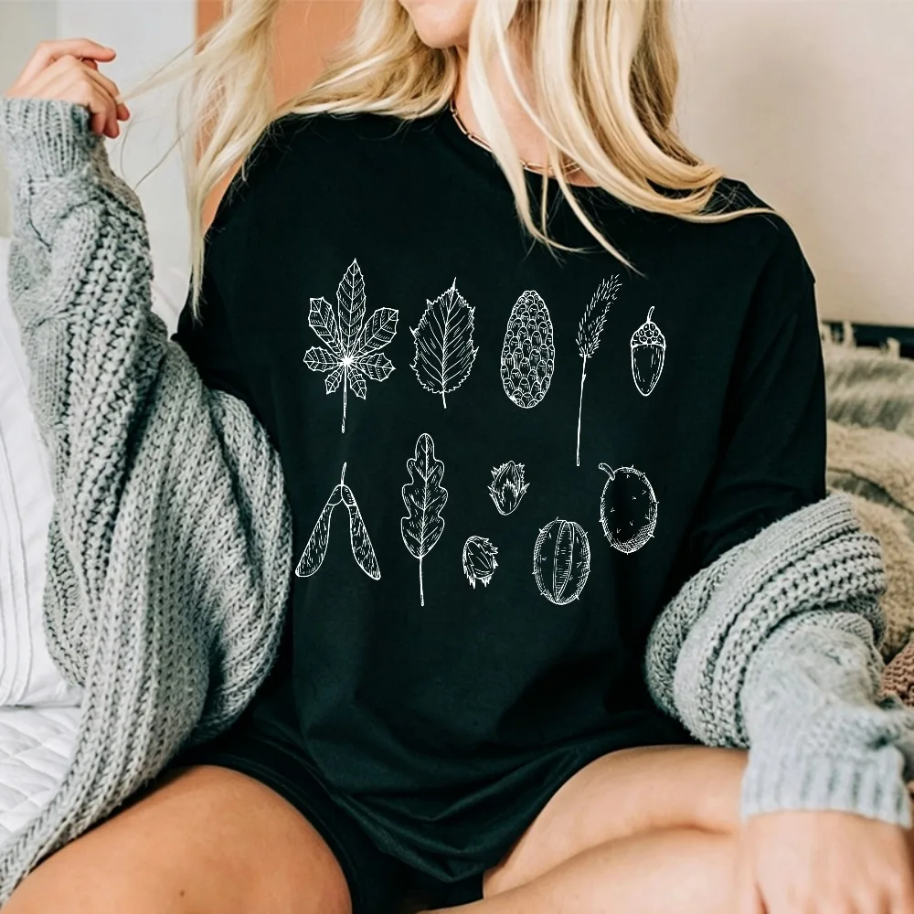 Botanical Leaf Acorn Seed Graphic T Shirt Sketch Line Art Fall Autumn Plant Nature Print Minimalist Wild Foliage Casual Gift Top