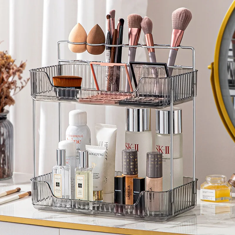 Bathroom Storage Multifunctional Countertop Large Capacity 2-layer Makeup Organizer Lipstick Brush Tray Shelf