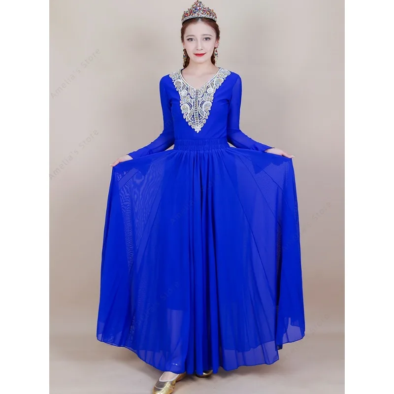 ชุดเต้นรำซินเจียง 2025 ชุดเต้นรำอุยกูร์สำหรับผู้หญิง ชุดพื้นเมือง เสื้อคลุมยาว กระโปรงยาว