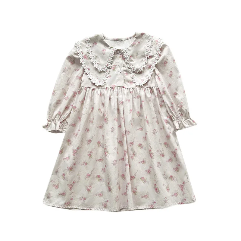 2025Autumn Children's Clothing Double Layer Collar French Print Girls Dress Sweet Children Princess Skirt