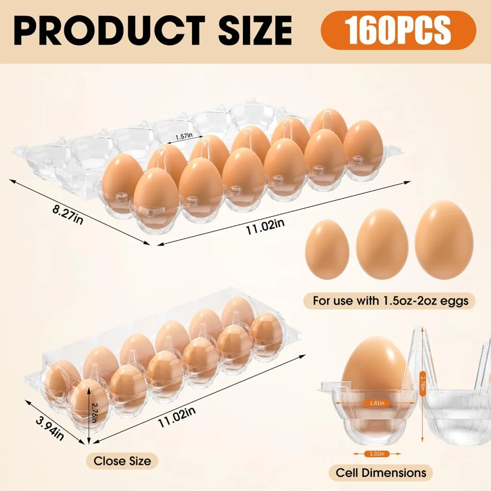 

160 Pack Clear Reusable Egg Cartons, 12 Count Plastic Egg Trays for Storage & Market