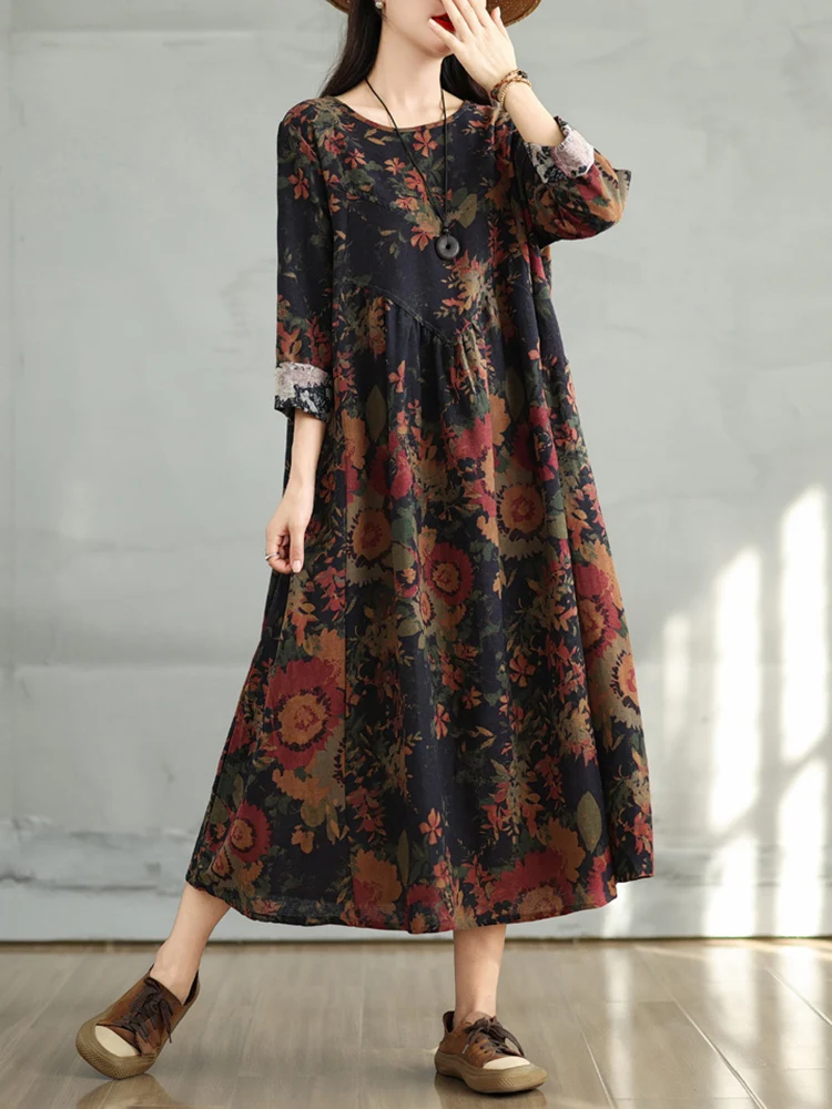 Cotton Vintage Print Floral Dresses 2026 Women Casual Loose Long Sleeve Dress Femme Robe Vestidos Elegant Spring Autumn Clothing