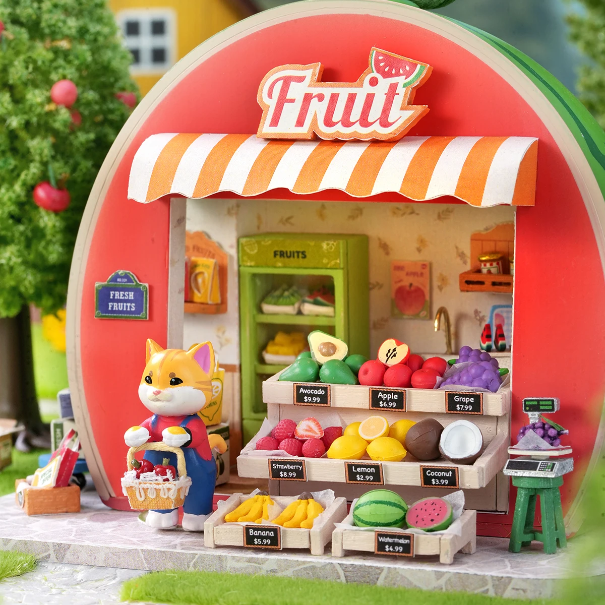 

Набор для сборки миниатюрной деревянной модели: 3D-пазл «Оранжевый кот: Фруктовый магазин» с мебелью и подсветкой – идеальный подарок друзьям на день рождения