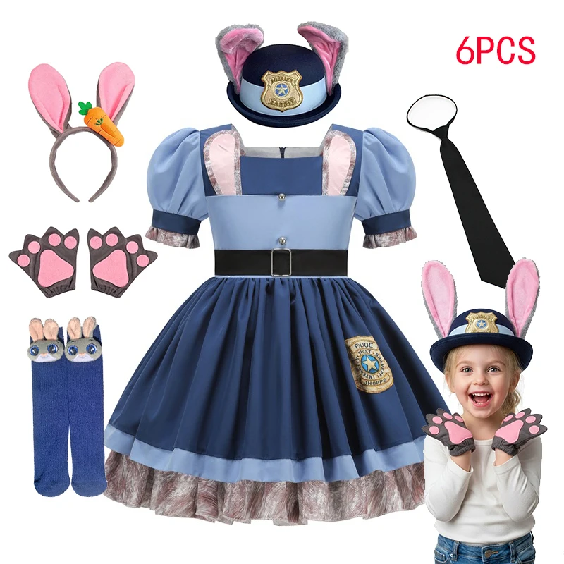 

Костюм кролика Джуди из мультфильма Disney Zootopia для девочек, платье для косплея, карнавальная одежда для вечеринок, маскарадный костюм, наряды в стиле зоопарка, фантазийные наряды