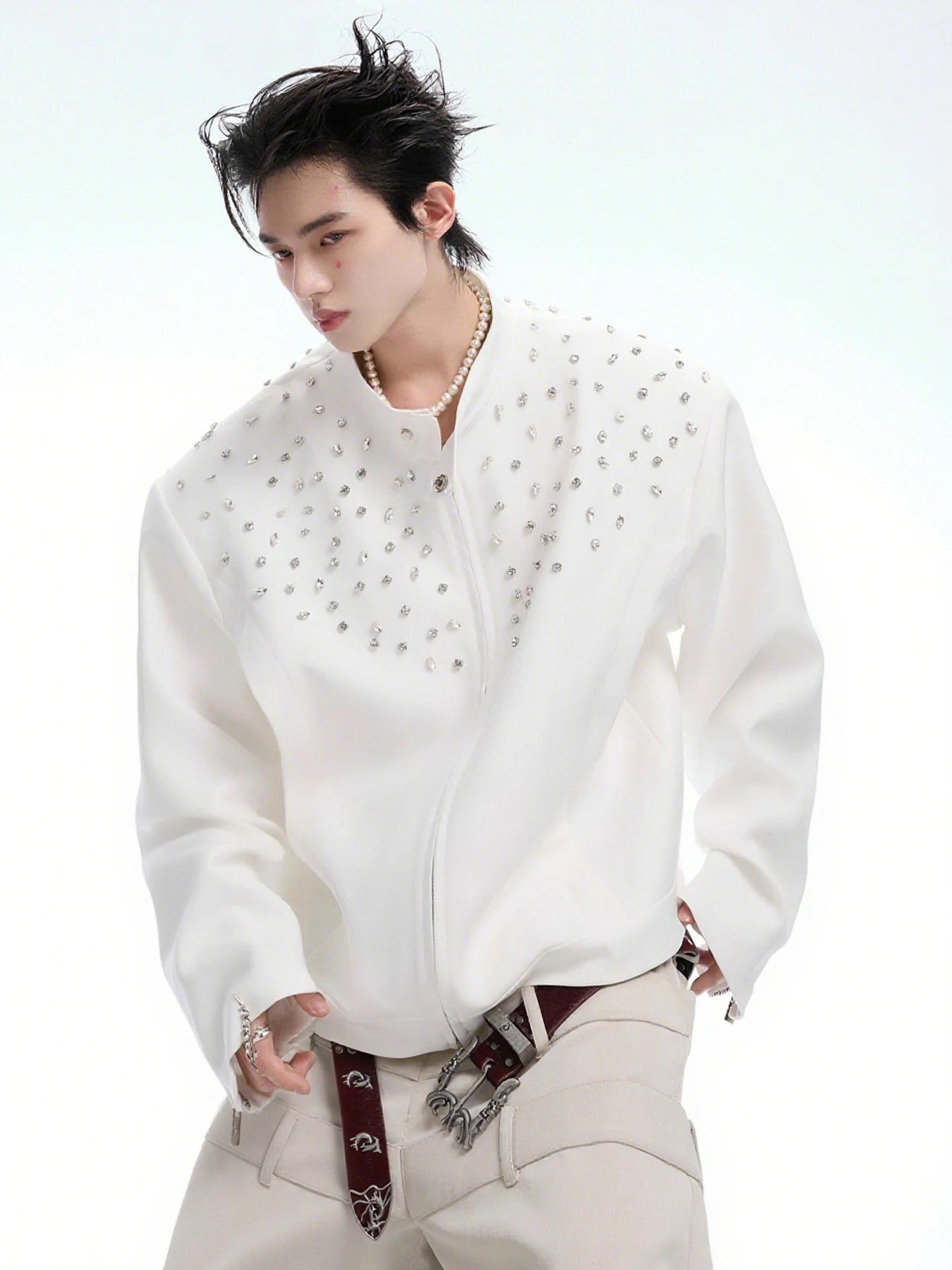 2025 Autumn New High-end Heavy-duty Rhinestone Short Jacket Zipper Long Sleeve Loose Casual Stylish Couple Coat Trendy Men