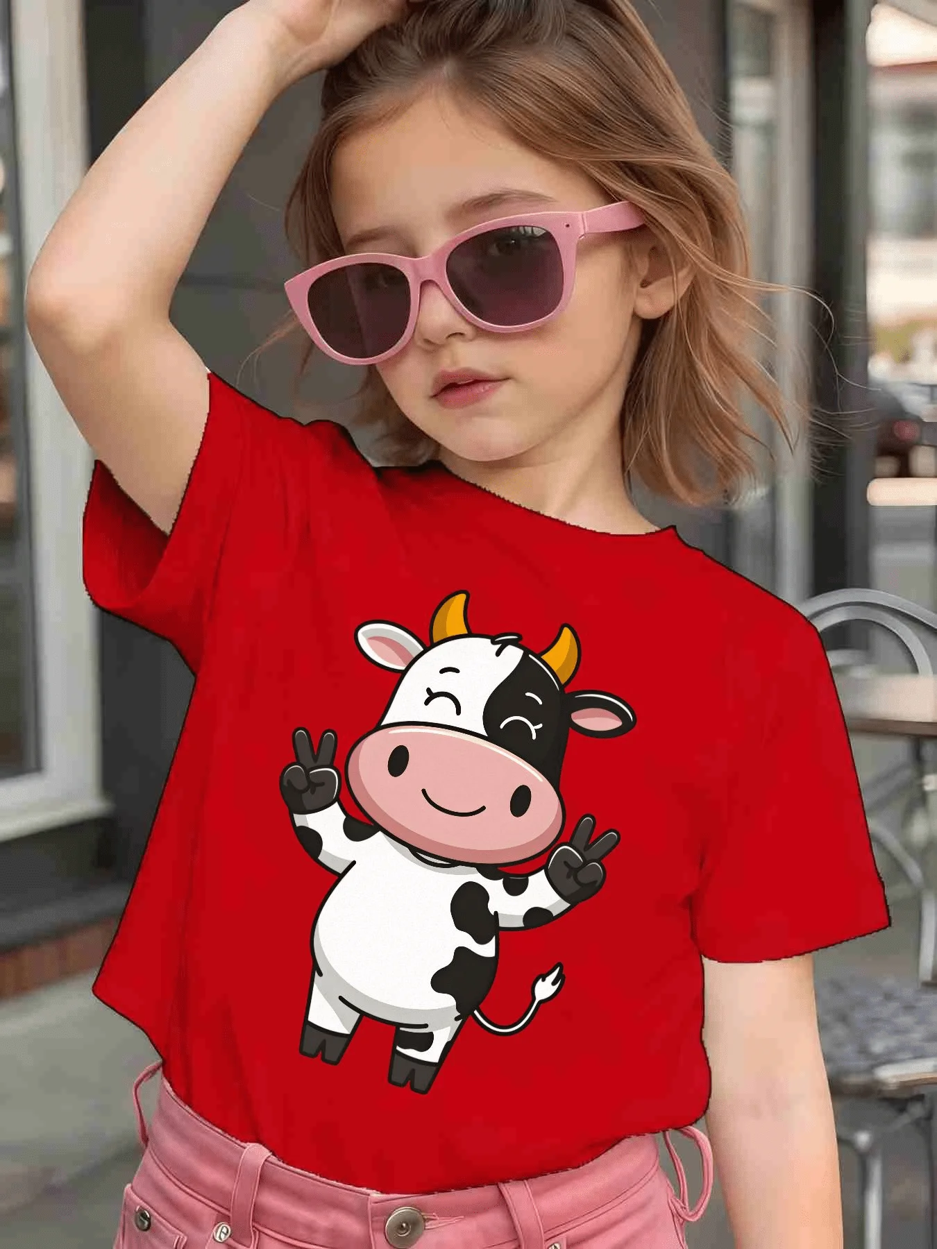 Cute Cow Showing Peace Sign Cartoon Graphic Kids Tee Boys Girls Family Matching Cotton Crew Neck Short Sleeve Soft Summer Tee