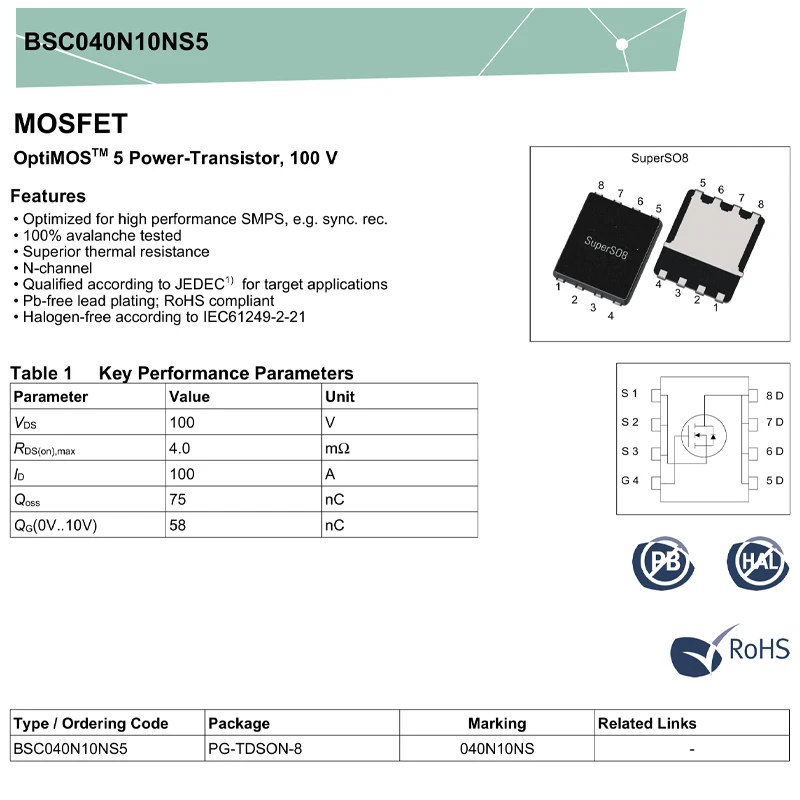 5 PCS BSC040N10NS5 040N10NS 100V 136A Low Internal Resistance TDSON8 MOSFET