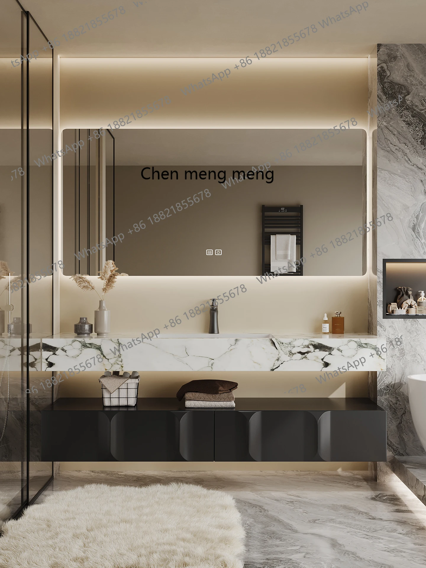 

Modern Minimalist Double Oak Painted Bathroom Cabinet Slate Seamless Integrated Ceramic Basin Toilet Wash Bin