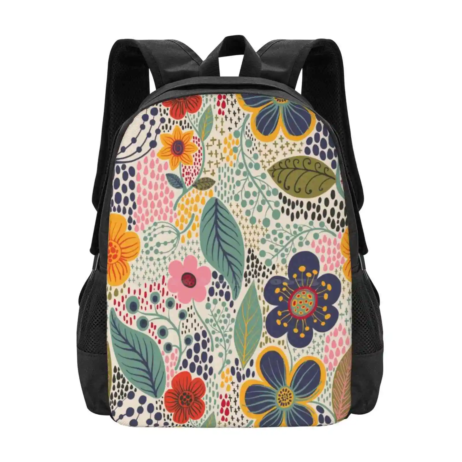 Secret Garden Large Capacity School Backpack Laptop Bags Floral Flower Surface Pattern Navy Blue Yellow Secret Garden Flourishes