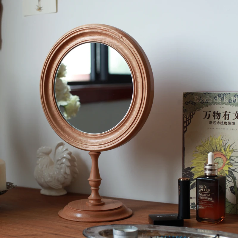 

French Retro Solid Wood Mirror Medieval Desktop Makeup Mirror Walnut Cherry Wood Desktop Vanity Porch Decorative Mirror