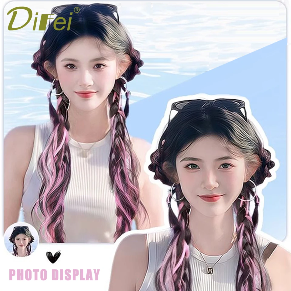 DIFEI Messy Highlight Braid Peruka syntetyczna Girl Sweet Cool Messy Highlight Fluffy Braided Hair Ponytail Boxing Braid Wig