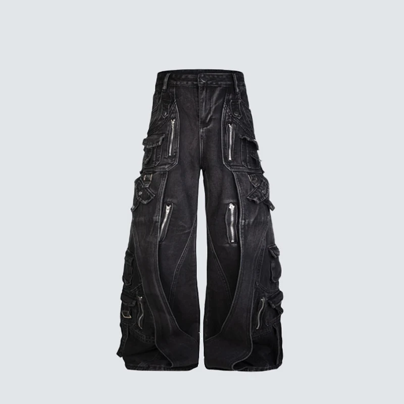 American Functional Multi Pocket Workwear Pants Heavy-Duty Deconstruction Washed Worn Loose Wide Leg Pants Multiple Zippers Jean