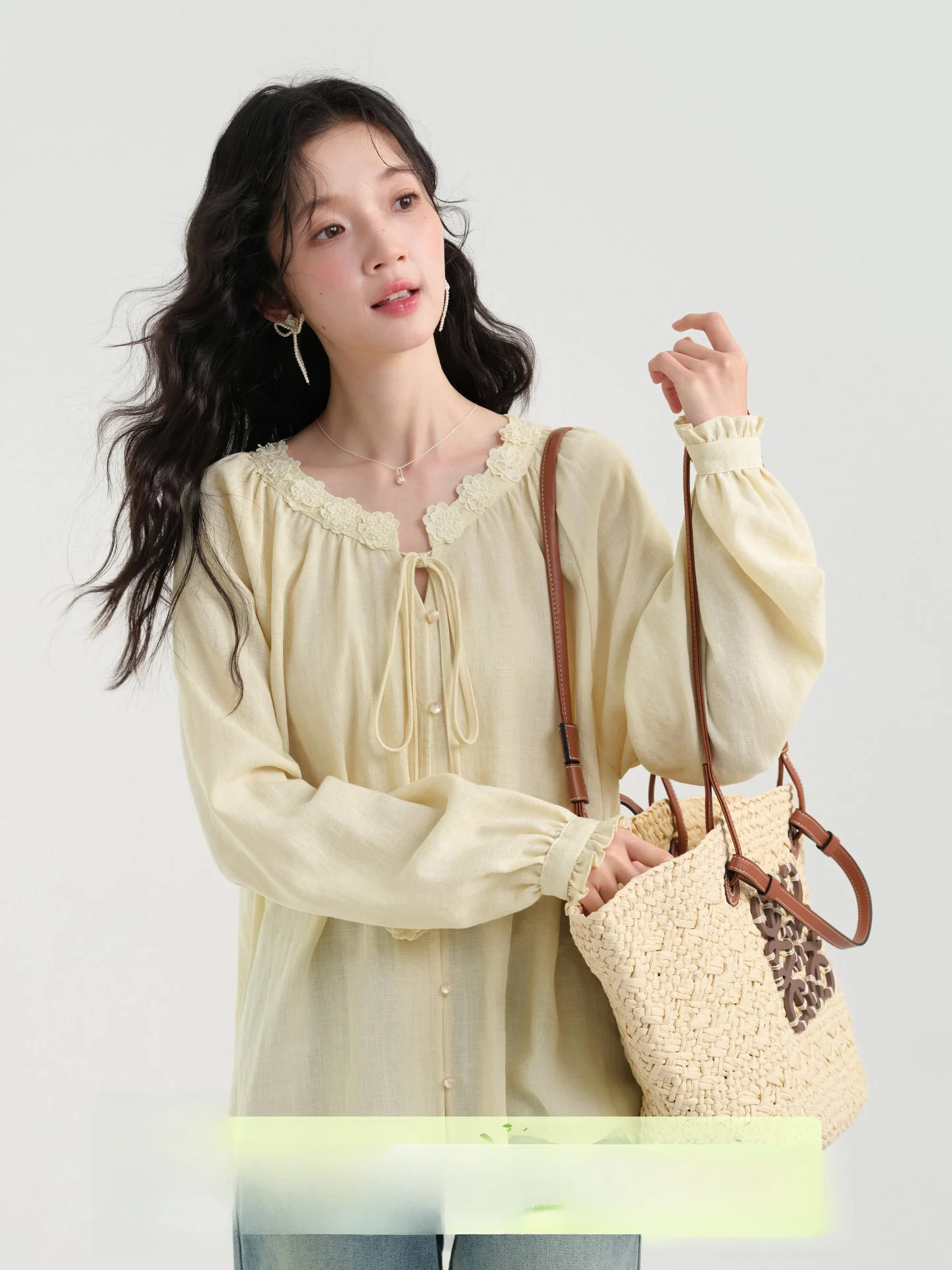 

Ретро-блузка с цветочным принтом и завязками, женская, с длинными рукавами, весенний дизайн, уникальная, из смесового хлопка, дышащая, комфортная, художественная