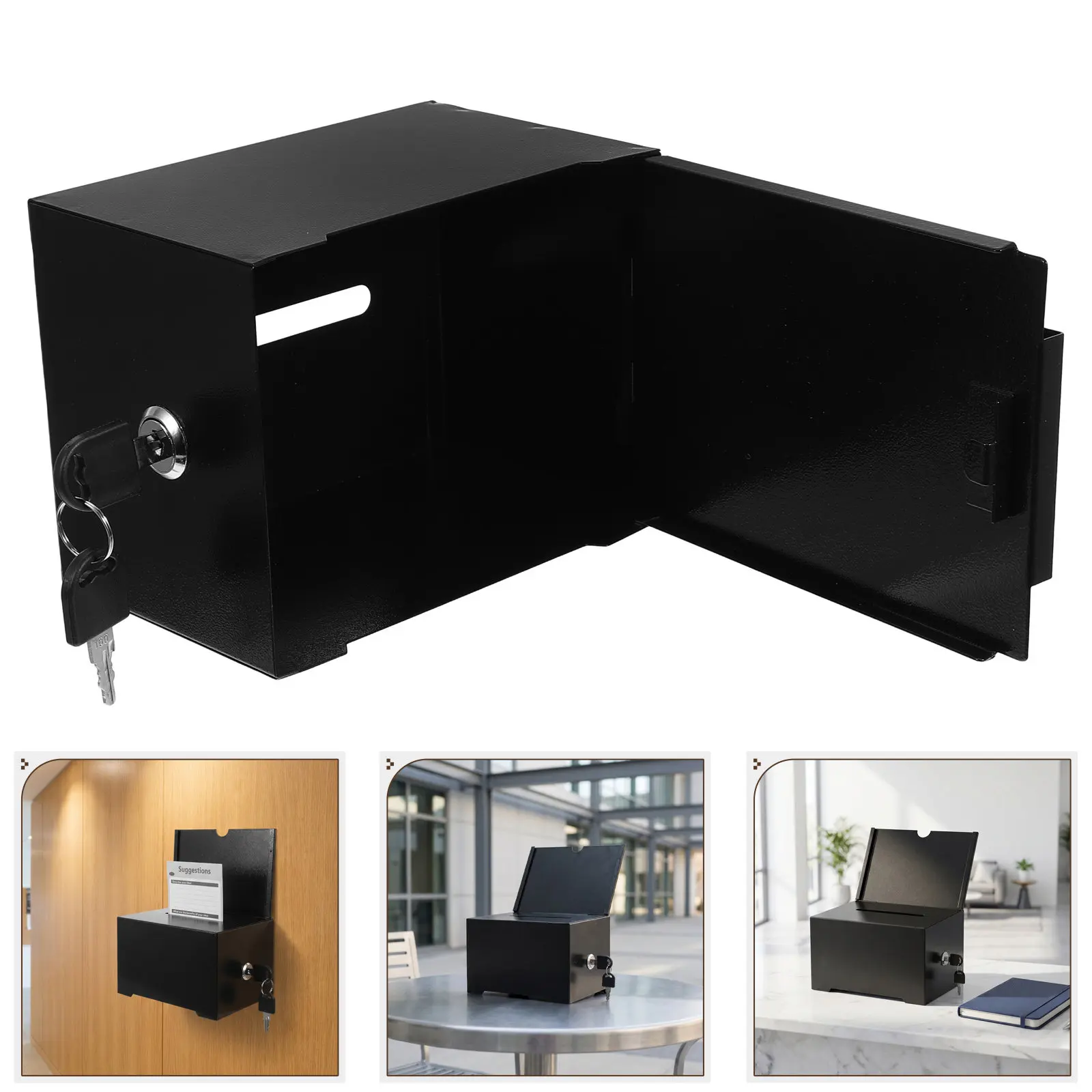 Suggestion Box Metal Donation Box Black Lock Slot Large Capacity Secure Feedback Comment Holder Office School Fundraising