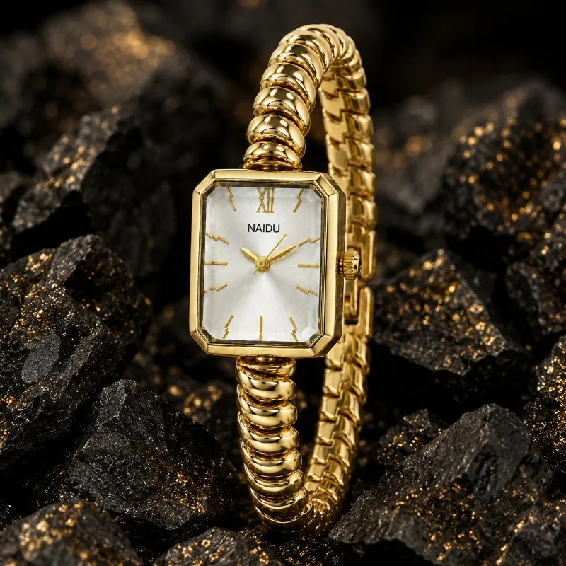 NAIDU Luxury Gold Bracelet Watch for Women Simple Rectangle Quartz Ladies Wristwatch Elegant Dress Ladies Fashion Jewelry Gift