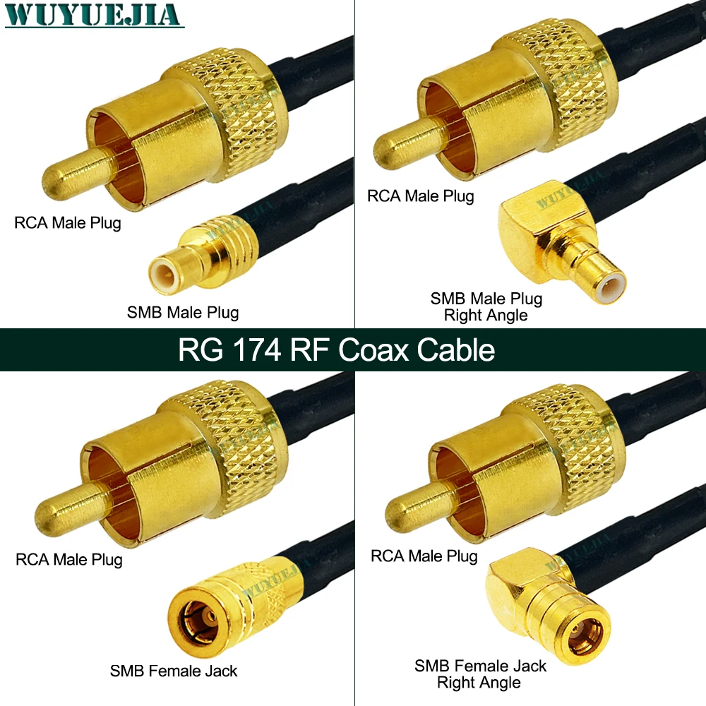 RG-174 RCA Male Plug to SMB Female Jack Right Angle Crimp Wire Terminal RF Jumper Pigtail Cable for Test & Measurement Equipment
