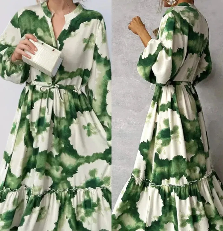 Feminino elegante verde impresso maxi vestidos mangas puff com decote em v cintura em camadas bainha solta vestido longo novo