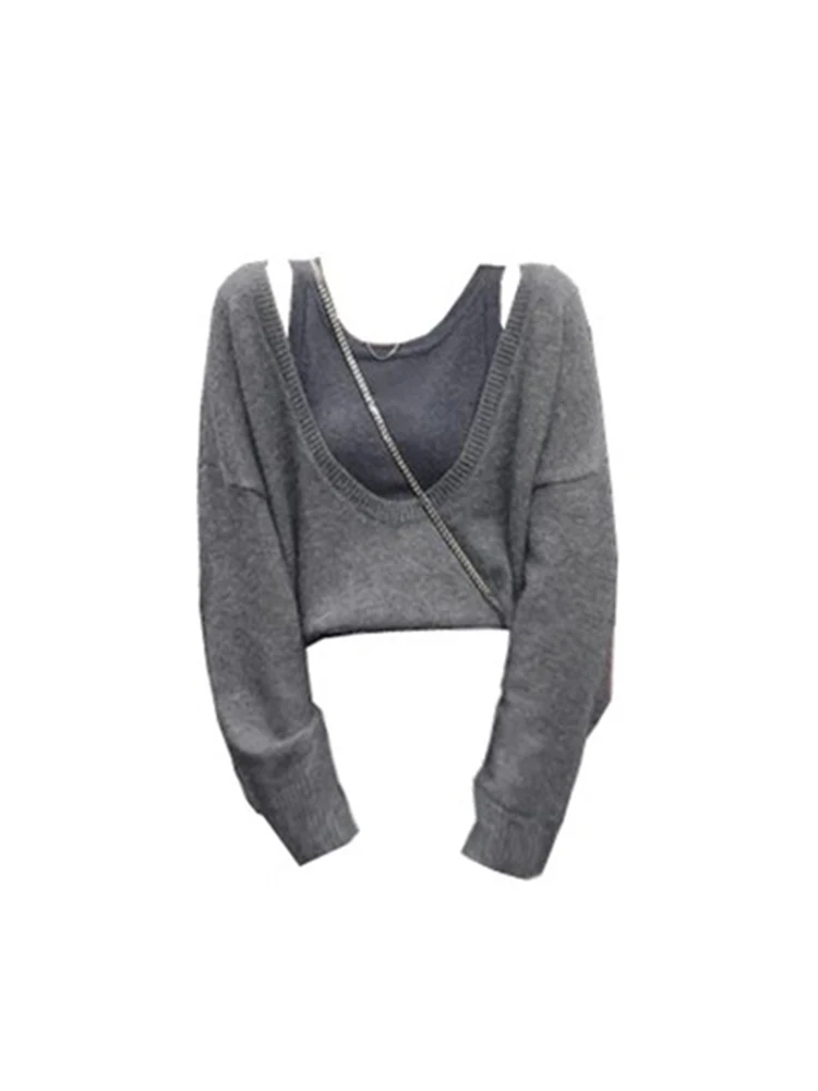 2023 Women Autumn Winter Casual Grey Knitwear Jumper V-Neck Long Sleeve Cozy Knitted Pullover Spliced Fake Two Pieces Streetwear