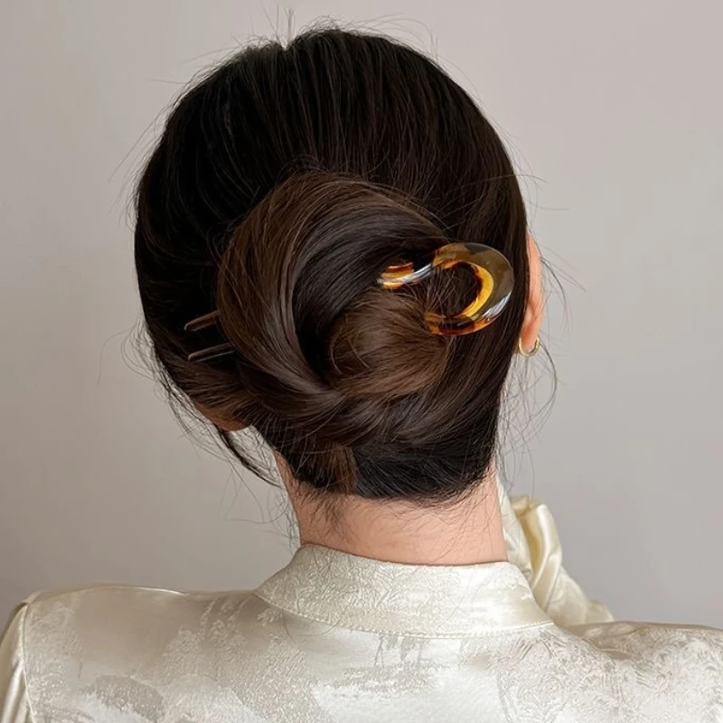 U자형 헤어 포크 패션 토터스쉘 아세테이트 헤어핀 기하학적 디자인 헤어 액세서리 여성 소녀용 신상 헤어 액세서리