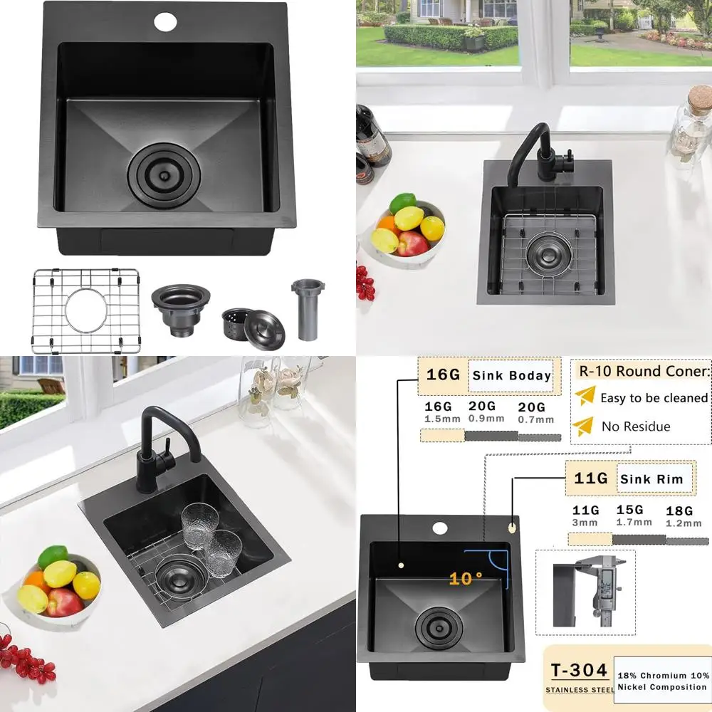 

Stainless Steel 15x15 Inch Drop-In Bar Sink for RV Kitchen, 16 Gauge Top Mount Small Sink with Gunmetal Black Finish