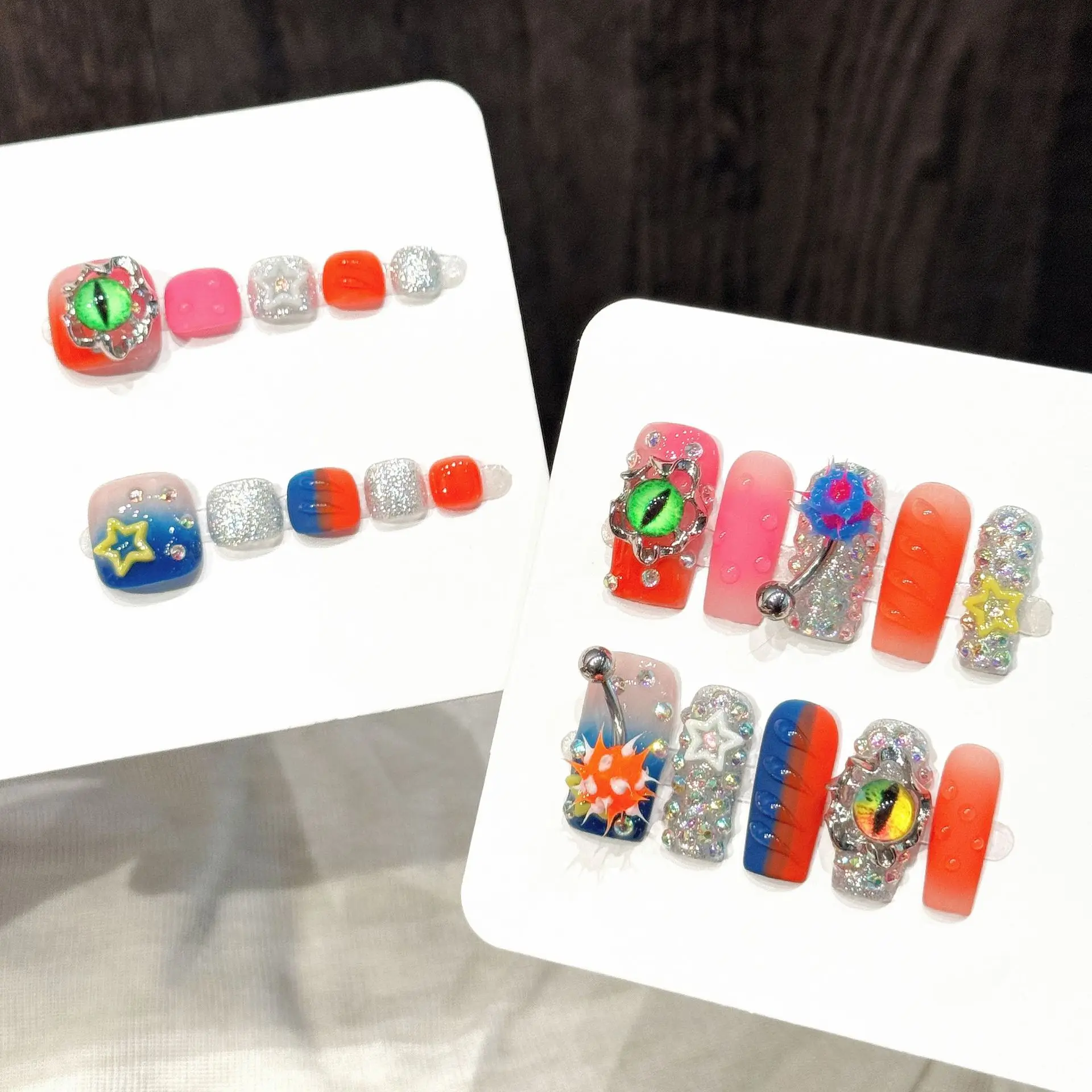 

10pcs Sweet Cool Spicy Girls Handmade Press On Nails Y2k 3D Devil Eyeballs Stars Diamond False Nail Dopamine Square Fake Nail